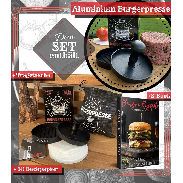 Пресс для бургерів Le Flair® з алюмінію: преміум-якість, з чохлом та 50 аркушами паперу для випікання. Ідеальний подарунок для гриля. Чорний колір.