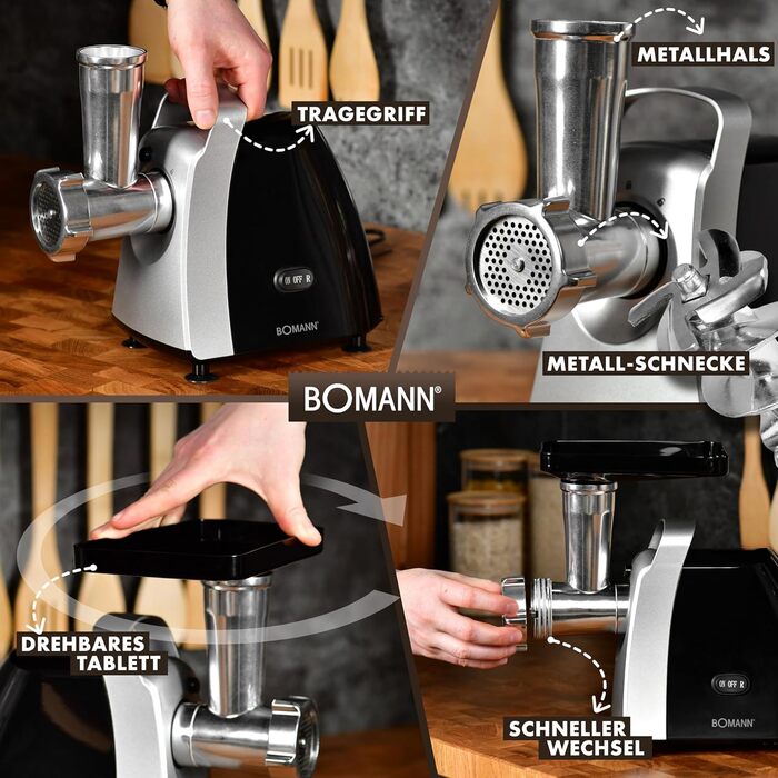 М'ясорубка електрична Bomann® FW 6067 CB Edelstahl (1000W) з насадкою для печива та вареників, 3 металеві диски, функція реверсу, набір для фаршу, нержавіюча сталь, модель 2024