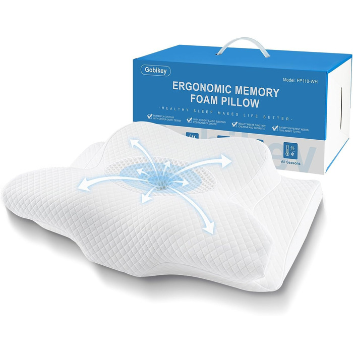 Ергономічна ортопедична подушка для шиї та голови з ефектом пам'яті (Memory Foam) 2-в-1, для сну на боці, спині та животі, зі знімним чохлом, 62 x 39 x 11/13 см, біла