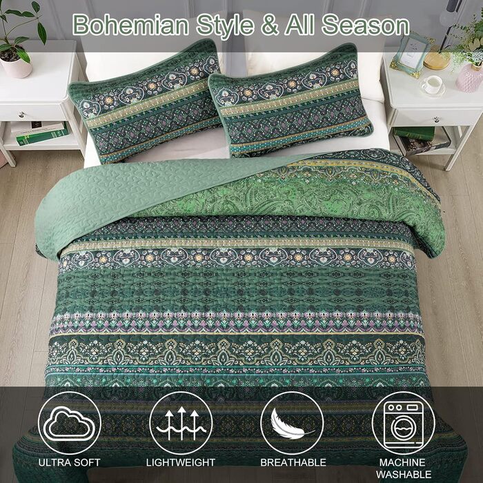 WONGS BEDDING Bedspread 220x240 Bed Throw Bohemian Quilt Steppdecke 3-Piece Double Bed Quilted Bedspread Microfiber Throw Blanket with 2 Pillowcases 50x70 for Bedroom as Sofa Throw (Bohemian) (200x220 cm, Dark Green)