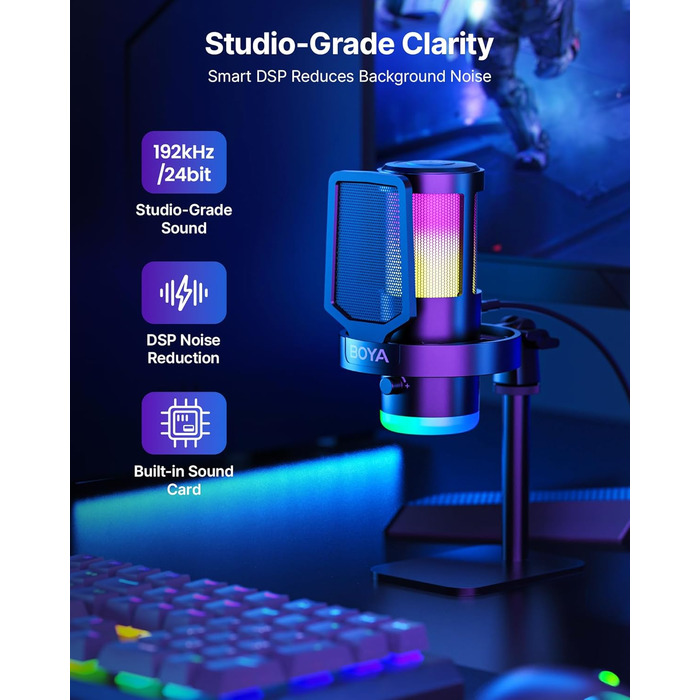 BOYA G30 USB Мікрофон для Ігор та Стрімінгу з RGB підсвіткою, шумозаглушенням, поп-фільтром. Конденсаторний мікрофон для ПК/PS4/PS5