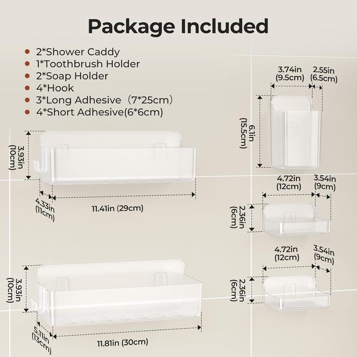 Поличка для душу Orimade без свердління, нержавіюча сталь, 5 шт. - тримач для шампуню, велика місткість, ABS пластик, прозора