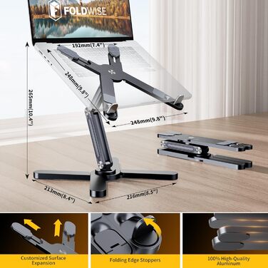 Підставка для ноутбука FoldWise X - алюмінієва, 360° обертання, складна, регульована висота та кут нахилу - стабільна та портативна підставка для ноутбука, MacBook та комп'ютера 11-18 дюймів, сіра
