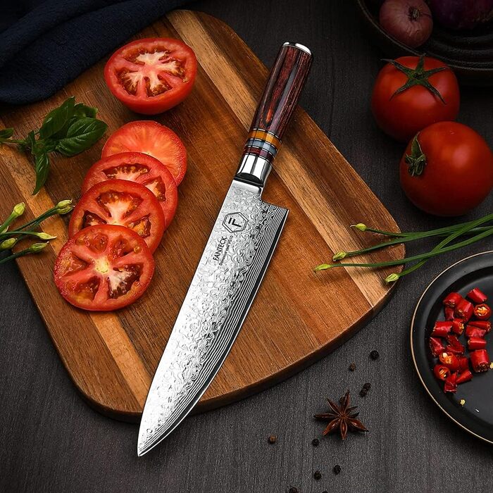Професійний кухонний ніж FANTECK Gyuto 20 см з дамаської сталі VG-10, 67 шарів, японський шеф-ніж із руків'ям з пакка-дерева у подарунковій коробці