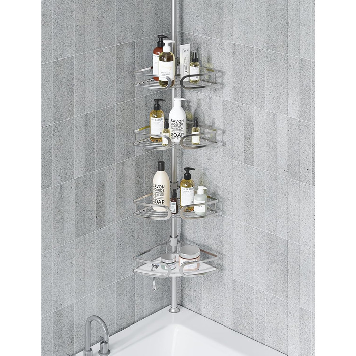 USHOWER Кутова шторка для душу з регульованою штангою, 4-ярусна, з органайзером для шампуню та мила, нержавіюча сталь, 130-307 см, срібляста