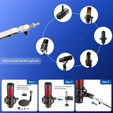 Мікрофонний важіль низькопрофільний з подовженням 15 см, регульований металевий важіль, кабель-менеджмент, для подкастів, стрімінгу, геймінгу