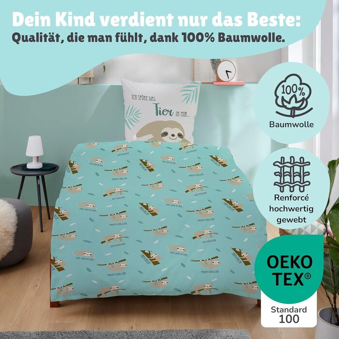 Дитяча постільна білизна Kinderbettwäsche Set: комплект 2 шт. з тваринами та глобусом. Декоративна ковдра 135x200 см + подушка 80x80 см, блискавка. Підходить для хлопчиків та дівчаток, 100% бавовна, ренфорсе, гіпоалергенна, сертифікат Oeko-Tex (лінивець)