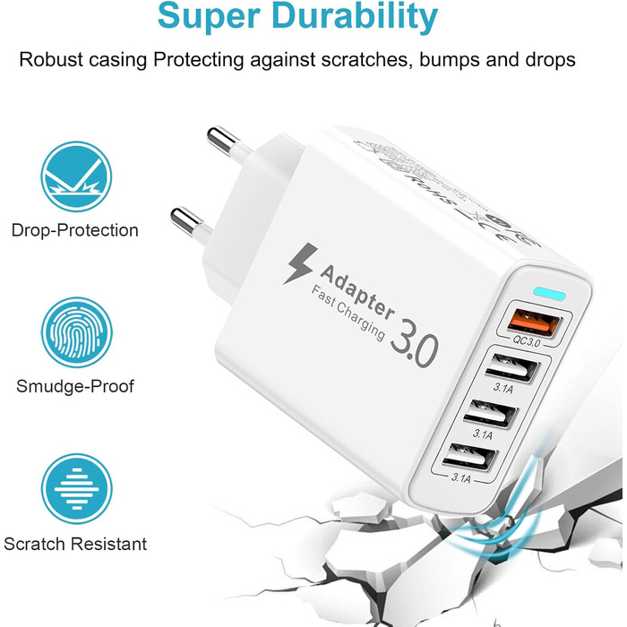 Багатопортовий зарядний пристрій USB з Quick Charge 3.0, 33W, 4 порти для iPhone 16/15/14/13/12/11/X, Samsung S24/S23/S21 та смартфонів