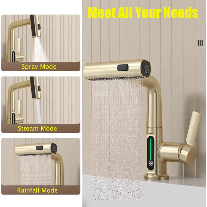 Кухонний змішувач з витяжною лійкою, 3 режими, LED-індикатор температури, поворотний на 360°, для кухні, золотий
