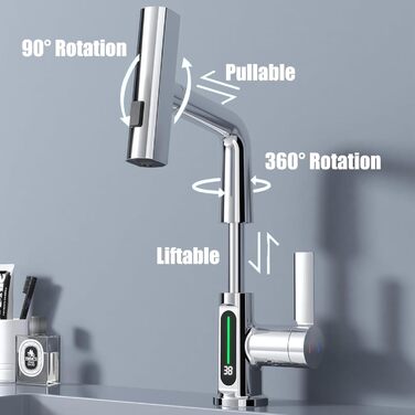 Кран кухонний з витяжною лійкою, 3 режими, LED-індикатор температури, однорідний змішувач, поворот на 360°, кран для мийки, кран кухонний, високий тиск, регульована висота (хром)