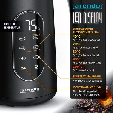 Електричний чайник Arendo з регулюванням температури, нержавіюча сталь, подвійні стінки Cool Touch, дисплей, бездротовий, 2200 Вт, 1,7 л, захист від перегріву, функція підтримання тепла, чорний