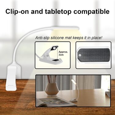 USB LED лампа для читання з кліпсою, 3 режими температури кольору, регульована яскравість, гнучка на 360°, для ліжка, столу та подорожей, біла