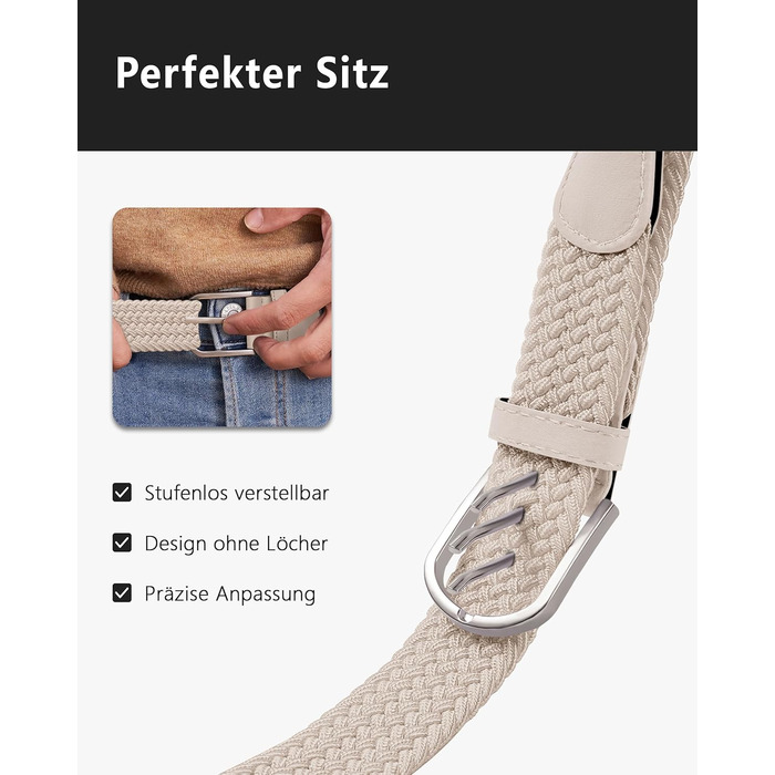 YOUCHAN 2 шт. ремені для жінок та чоловіків, еластичні плетені ремені, 3,3 см, еластичні ремені з регульованою довжиною, унісекс, чорний + бежевий