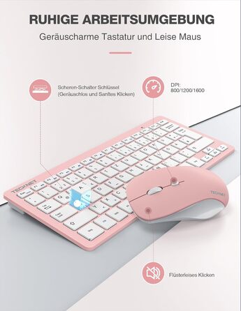 TECKNET Бездротова Клавіатура та Миша, QWERTZ, 2.4 GHz, 15м, Безшумна, для ПК, Ноутбука, Smart TV, Біла (Рожева)