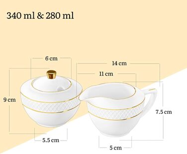 Wilmax Sugar Bowl + Milk Jug Set - 2-Piece - Porcelain Milk & Sugar Containers with Gold Pattern - White - Sugar Dispenser with Lid - Coffee Service for Milk Coffee Tea