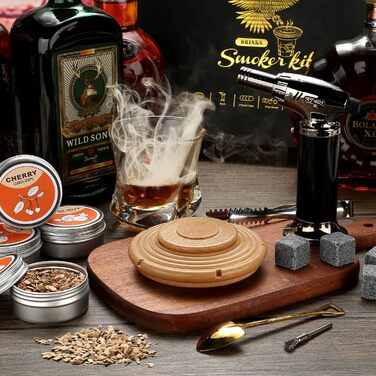 Dad Gift Christmas, Cocktail Smoker Kit, Whiskey Stones, Torch Lighter, Old Fashioned Whiskey Smoker Drinks Kit, Cocktail Accessories for Drinks, Bourbon-Walnut (Butane Not Included) (Beech Torch)