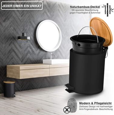 Смітник для косметики VMbathrooms 3L з педаллю та бамбуковою кришкою, Soft-Close, чорний матовий, для ванної кімнати та туалету