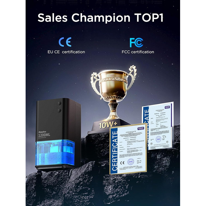 EasyAcc Електричний осушувач повітря 1200 мл, компактний, тихий, портативний, з автовимкненням та режимом сну. Ідеально для дому та офісу (чорний)