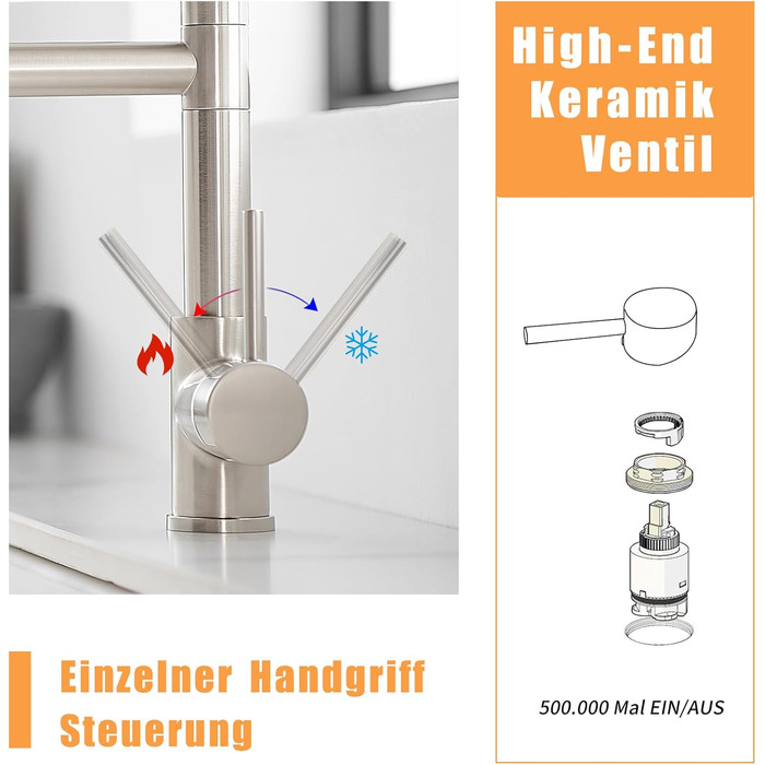 LED кухонний змішувач з спіральною пружиною, поворотний на 360°, з двома виливами, висувний, для кухні, з високим тиском, з нержавіючої сталі, LED, матове нікелювання