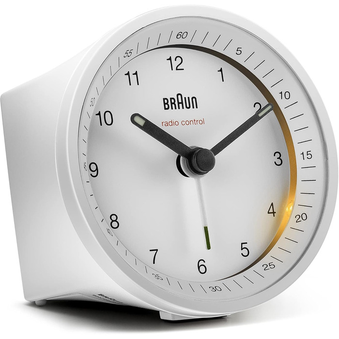 Classic Braun analog radio alarm clock for Central European Time (CET/GMT+1) with snooze function and illumination, quiet movement, crescendo alarm in white, model BC07W-DCF