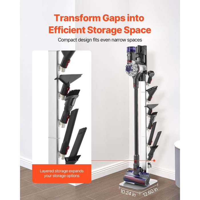 Стійка для пилососа VEVOR 126 см, сумісна з Dyson G5, V15, V12, V11, V10, V8, V7, V6 серії, з аксесуарами, підлогова стійка, кріплення з 6 гачками та антиковзними накладками, сріблястий колір