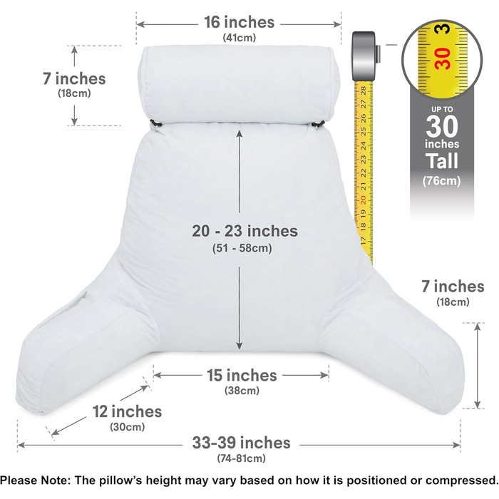 Подушка для чоловіка з підлокітниками - велика, для читання та відпочинку в ліжку. Висока спинка, преміум піна з пам'яті, знімна подушка для шиї на банджі. Білий колір | Оригінальна версія