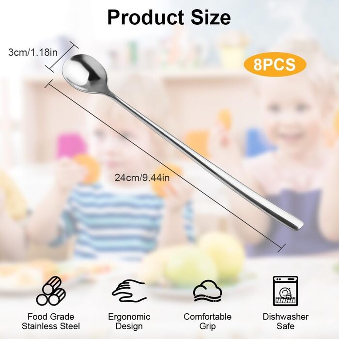 Набір ложок для лате макіато, 8 шт., 24 см, нержавіюча сталь, для десертів, кави, молочних коктейлів, морозива, придатні для миття в посудомийній машині, сріблясті