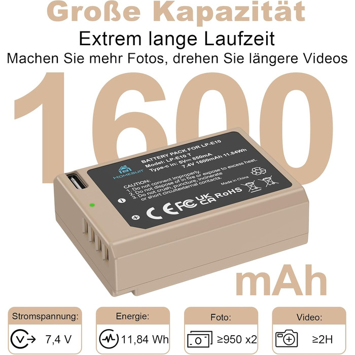 Комплект Homesuit: 3 акумулятори LP-E10 1600mAh та LCD-зарядний пристрій на 3 слоти для Canon EOS 1100D, 1200D, 1300D, 1500D, 2000D, 3000D, 4000D, Rebel T3, T5, T6, T7, T100, Kiss X50, X70, X80
