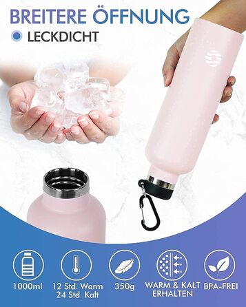 Фляга спортивна Feijian 1L з карабіном - термофляга з нержавіючої сталі, витримує напій з газом, без BPA, для туризму, спорту, школи, велосипеда, армійського кольору (Рожева, 750 мл)