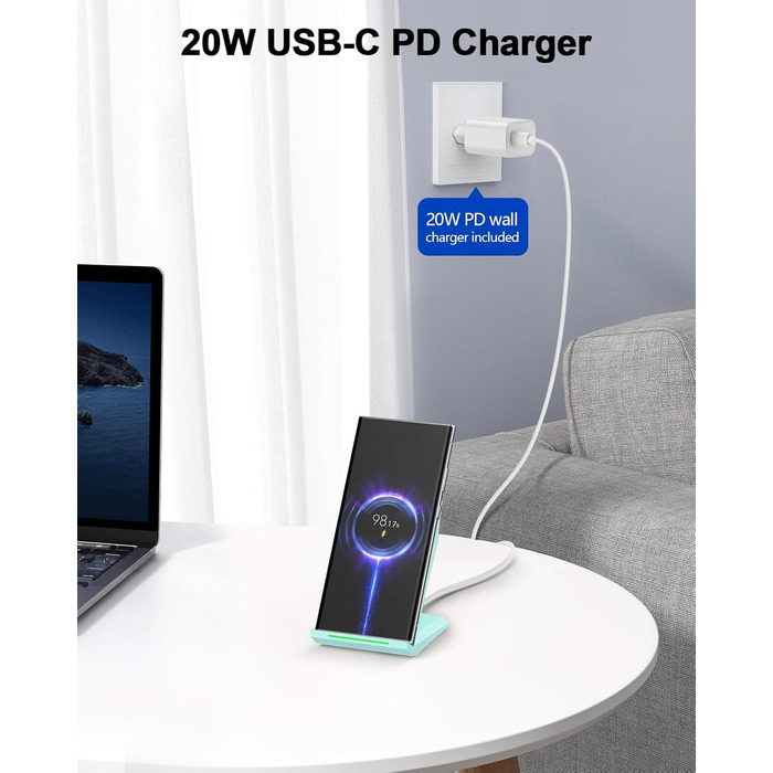 Бездротовий зарядний пристрій NANAMI Qi з адаптером USB-C 20W PD (блакитний) для iPhone 17/16/15/14/13/12 Pro Max XR 8 та Samsung Galaxy S25/S24/S23/S22