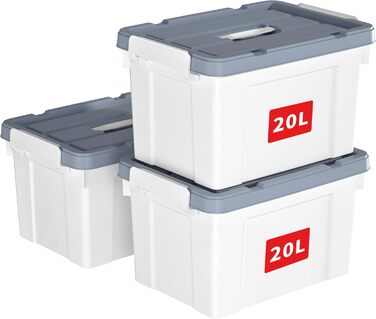 Cetomo 20L*3 Plastic Storage Box with Durable Lid and Safety Closure, Stackable and Nestable, 3-Pack, White