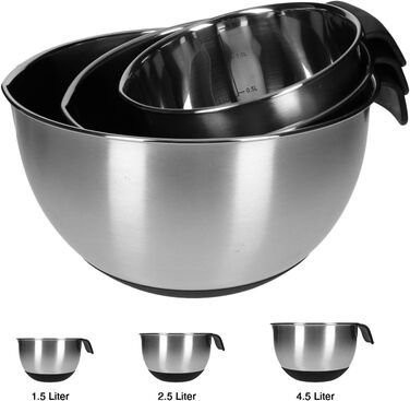 Stainless steel key set, 11-piece, anti-slip mixing bowls with lid, handle, measuring cup, and spout, including accessories, dough scraper, vegetable slicer for grating salad, stackable