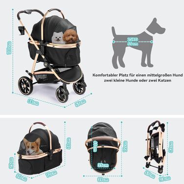 Трансформер для собак, візок-кішочка, складний, до 25 кг, з алюмінієвим каркасом, поворотні колеса, гальма, страховка, зручне сидіння (Чорний)