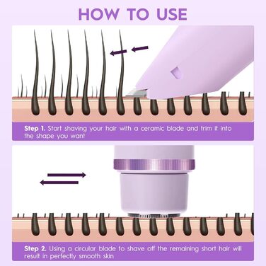 Електричний триммер для жінок, тіло та бікіні, водонепроникний, IPX7, швидке видалення волосся (фіолетовий)