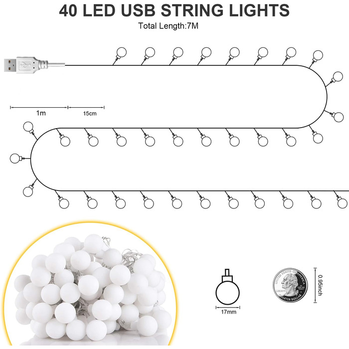 Ланцюжок прикрас з LED-кулями, 23м, 200 LED, для внутрішнього та зовнішнього використання, 8 режимів, функція пам'яті, з вилкою, ідеально для Різдва, весілля, вечірки (тепле біле світло)