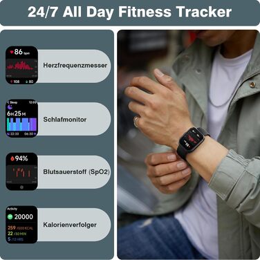 Fitpolo Розумний годинник для чоловіків та жінок, 1.8' з функцією телефону/Alexa, фітнес-годинник з моніторингом серцевого ритму/сну, водонепроникний IP68 для iPhone/Android, чорний