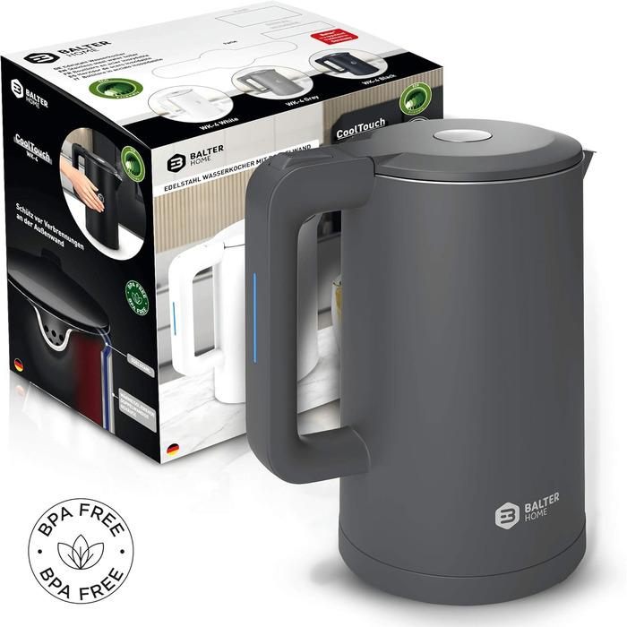 Balter Stainless Steel Kettle WK-4, 1.7 Liter, Electric Kettle, Double-Walled Design, BPA Free, LED, Compact Tea Kettle, Quiet (Black) (Gray)