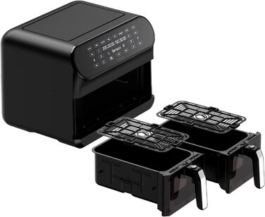 CHEFREE Dual Zone аерофритюрниця з оглядовим вікном, 8 л XL, подвійний Airfryer, LED-сенсорна панель, антипригарне покриття, 8-в-1, розумна, таймер, кошики для посудомийки, чорна, модель AFW20