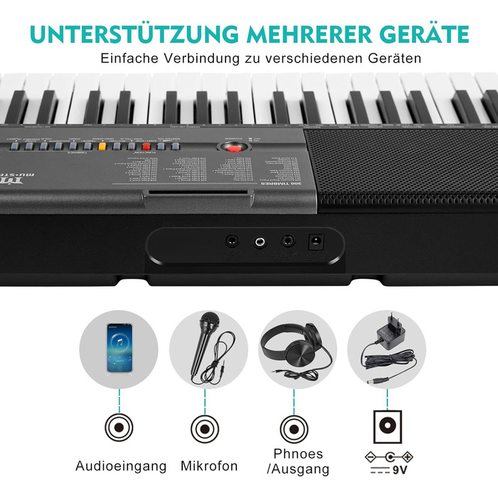 MUSTAR 61-клавішна клавіатура-піаніно для початківців, цифрова клавіатура з підсвічуванням, динаміками, стійкою, табуретом, навушниками, мікрофоном, підставкою для нот, 300 звуків та уроками гри, чорний колір