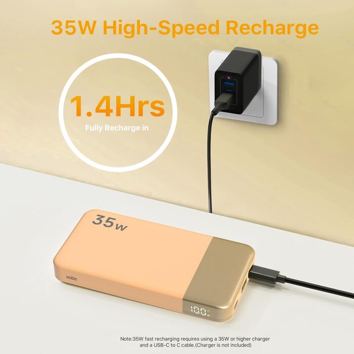 Power Bank NOBIS 35W 10000mAh з цифровим дисплеєм, USB-C, PD, QC, для смартфонів, планшетів, камер (Оранжевий)