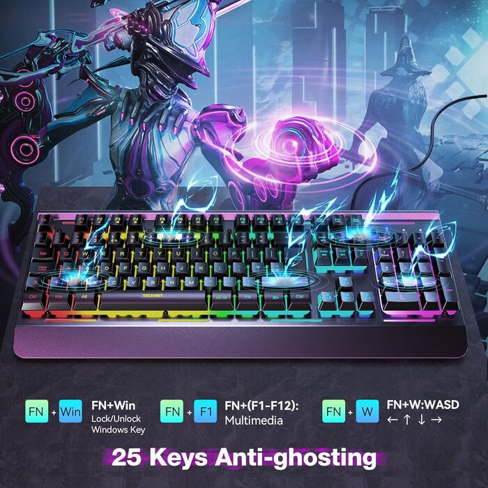 Клавіатура ігрова TECKNET RGB для ПК, 105 клавіш, повнорозмірна, з підсвічуванням, підставка для зап'ястя, QWERTY (ES)