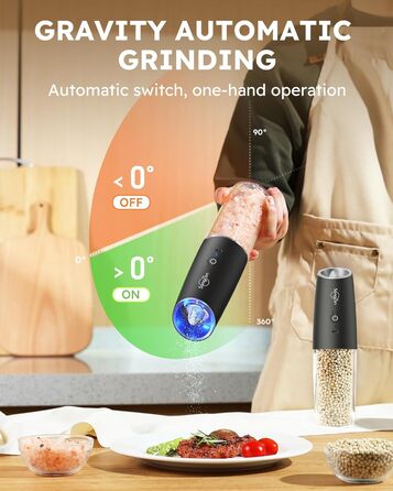 Електричний набір для солі та перцю Sangcon Gravity, 255г, USB-зарядка, LED-підсвітка, регулювання помелу, автоматичний млин (чорний)