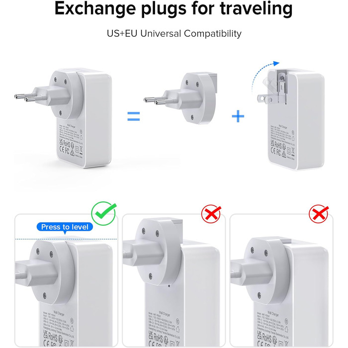 Зарядний пристрій USB-C 65W з 3 портами, кабель 2м, для MacBook, iPhone, Switch, Galaxy, Tablet, Laptop