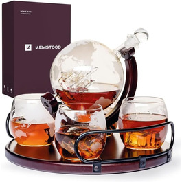 Whisky Decanter Globe for Alcohol - Whiskey Decanter Bar Set with Glasses, Wooden Stand, and World Map - Gifts for Men and Women - Glass Bottle Accessories for Gin, Rum, Scotch, Liqueur, Bourbon, Vodka