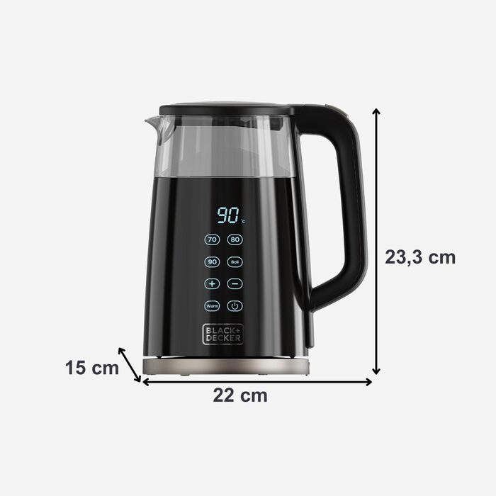 Електричний чайник BLACK+DECKER BXKE2202E 2200W 1.2L з поворотним підставою 360°C, для лівшів, з ергономічною ручкою, автовимкненням, індикатором рівня води та кнопкою відкриття