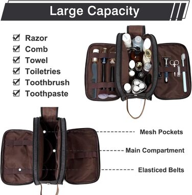 KASGO Toiletry Bag for Men and Women - Large Travel Toiletry Bag, Water-Resistant Cosmetic Bag with 3 Compartments and Leather Holder, for Bathroom, Gym, and Travel, Dark Grey