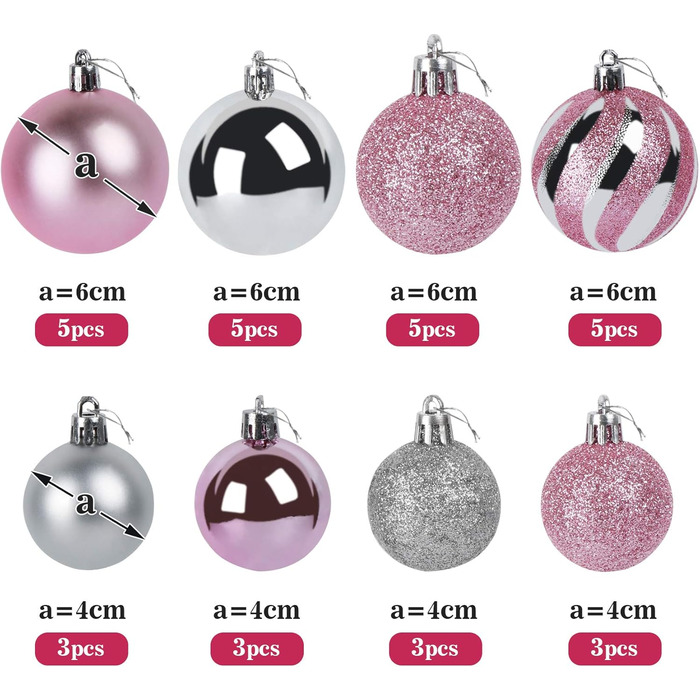 Набір прикрас для ялинки Agoer 100 шт. - блакитні, рожеві та срібні кульки з блискітками, пластик
