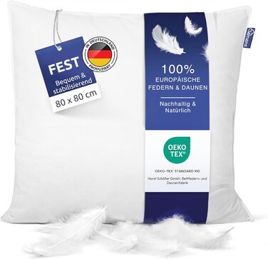 Clemens Firm Feather Head Pillow 80x80 cm - Supportive Feather Head Pillow Feathers 85% & Down 15%, Feather Pillow Down Head Pillow - Head Pillow for Back & Side Sleepers Firm 80 x 80 cm