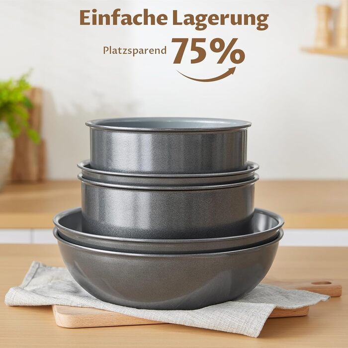 Набір каструль BEZIA 17 предметів з знімним ручкою, антипригарне покриття з кераміки, набір каструль для індукційних плит, підходить для всіх типів плит, стійкий до нагріву, посуд для кемпінгу, посуд для духовки (темно-сірий)