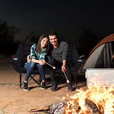 Кампанінг стілець подвійний великий з підлокітниками та підсклянником, складаний для 2 осіб, чорний - для кемпінгу та відпочинку на природі